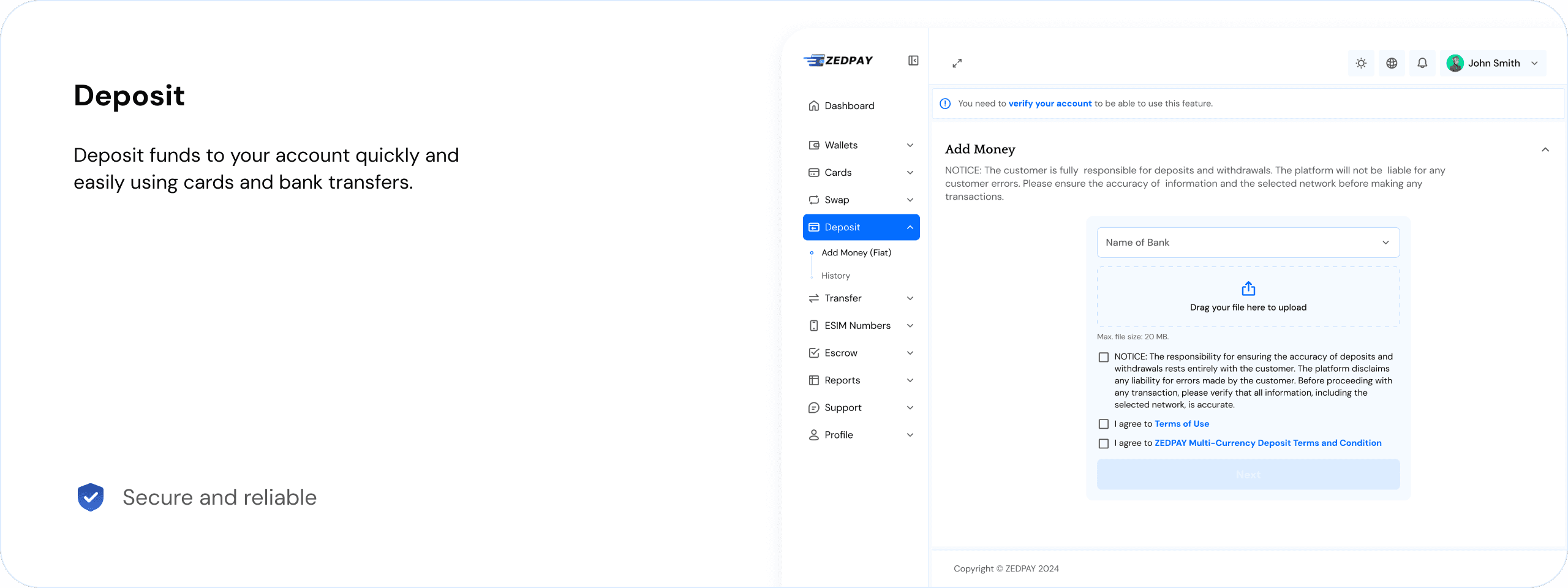 Desktop Dashboard UI demo: deposit