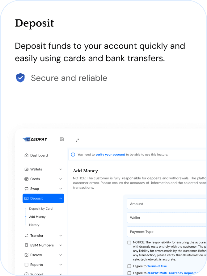 Desktop Dashboard UI demo: deposit