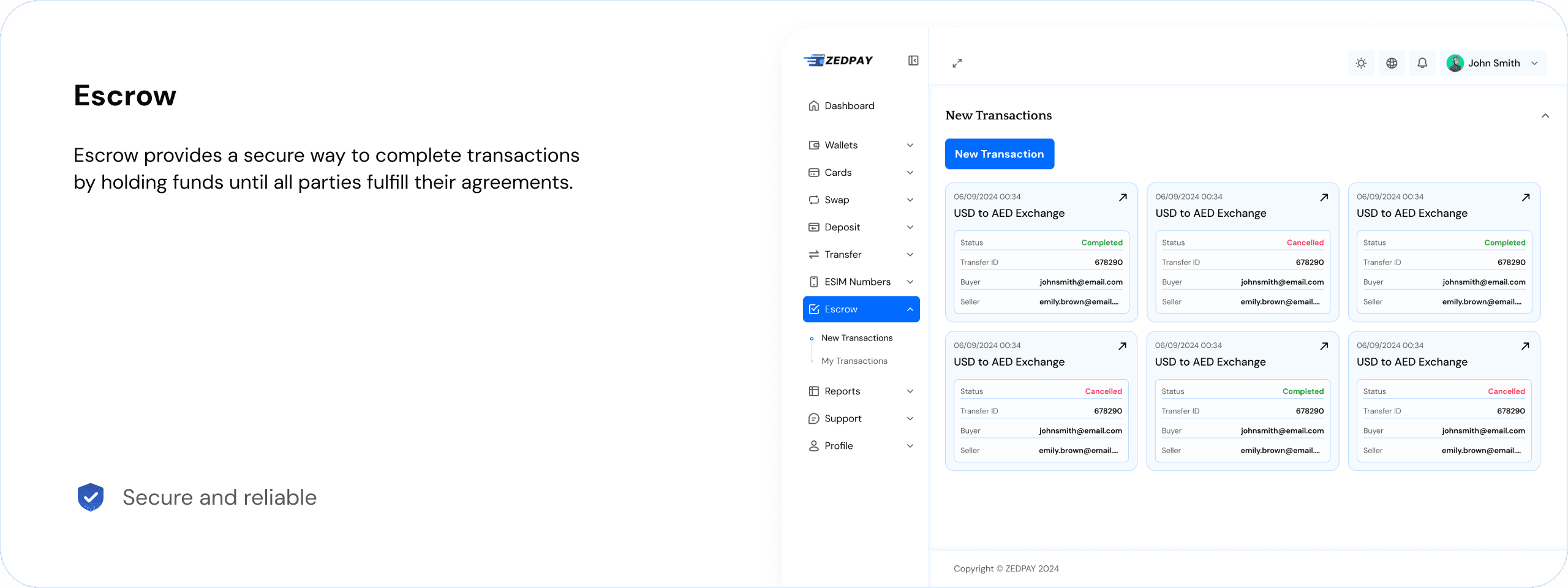 Desktop Dashboard UI demo: Escrow transactions