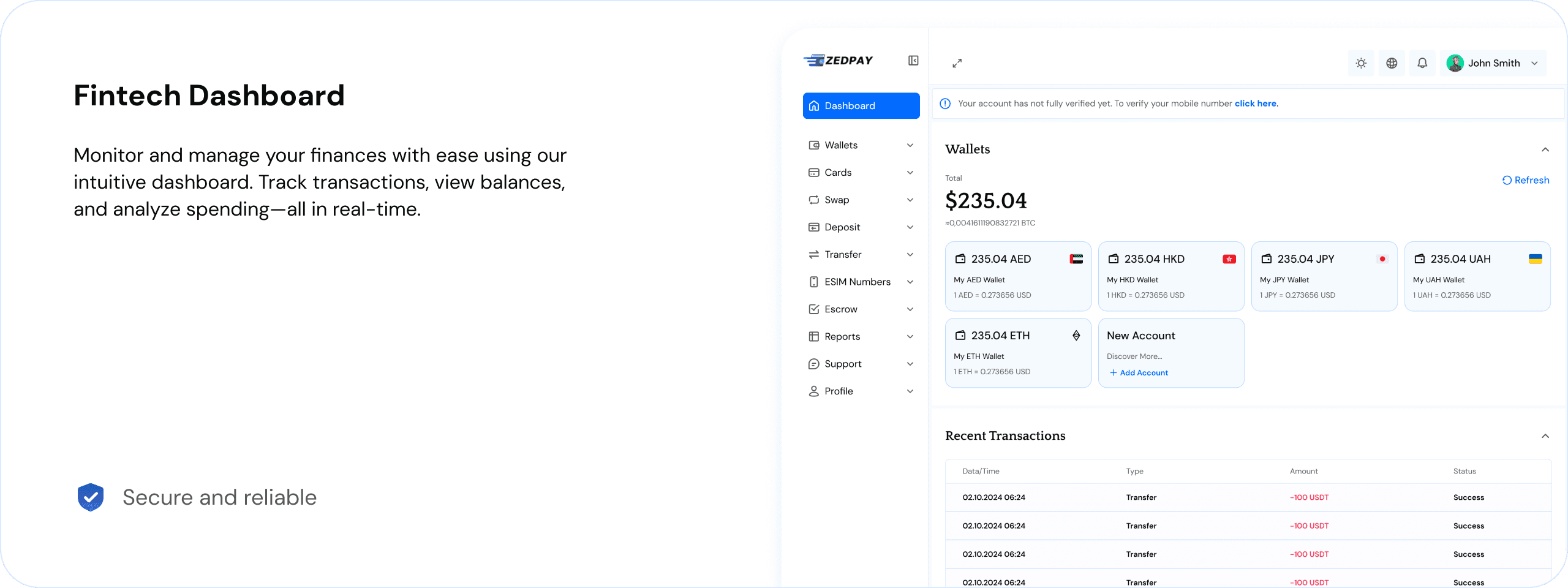 Desktop Dashboard UI demo: fintech