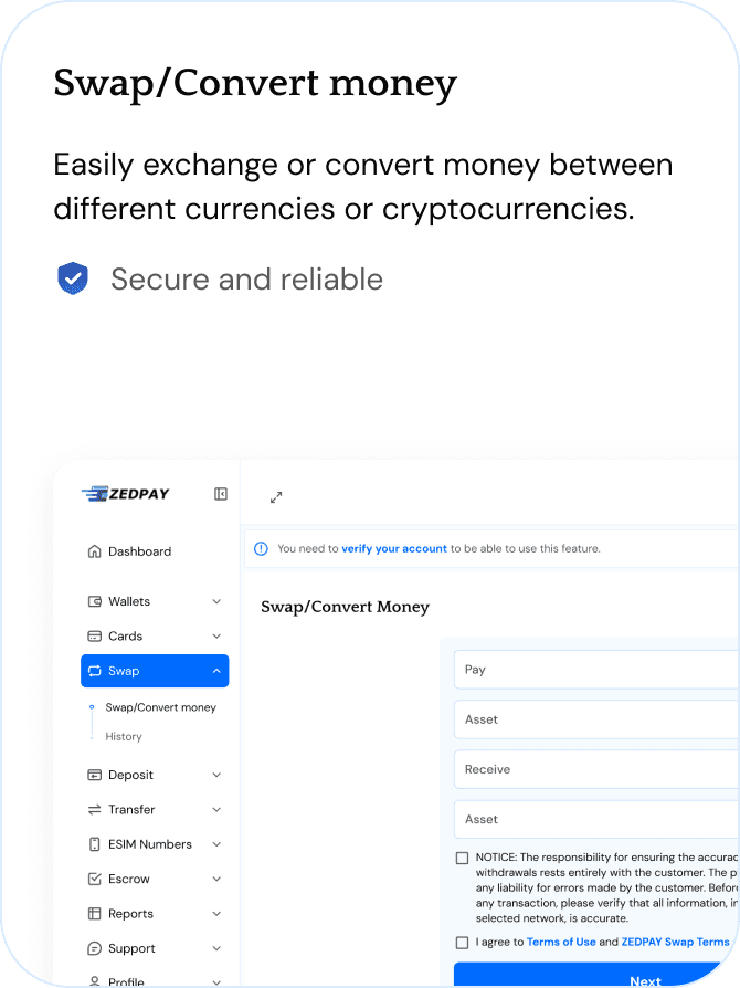 Desktop Dashboard UI demo: swap / convert money