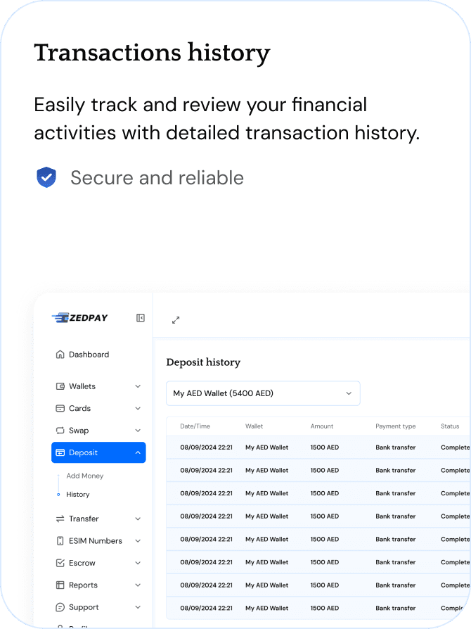 Desktop Dashboard UI demo: Transactions history